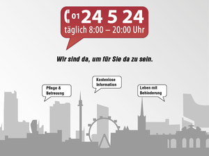 Grafik von Telefonnummer in einer Sprechblase über der Stadt Wien. 